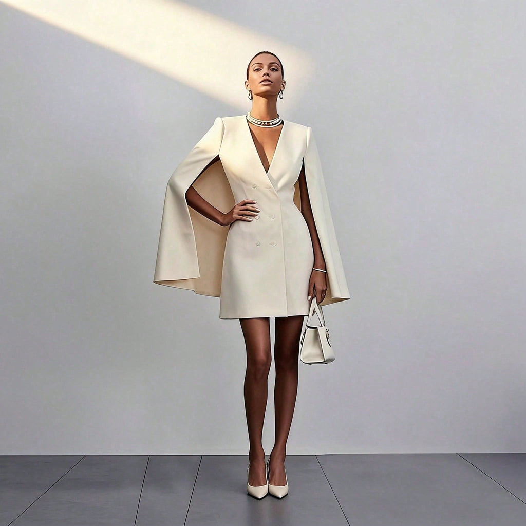 Elegant Cape Blazer Mini Dress For Women, Luxury Double-Breasted V-Neck Formal Dress With Structured Shoulders & Flowing Cape Sleeves.