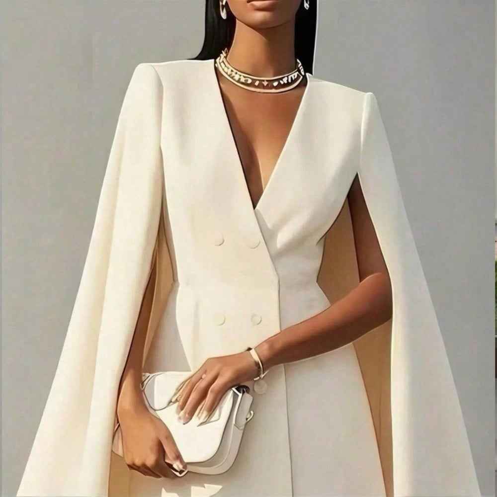 Elegant Cape Blazer Mini Dress For Women, Luxury Double-Breasted V-Neck Formal Dress With Structured Shoulders & Flowing Cape Sleeves.