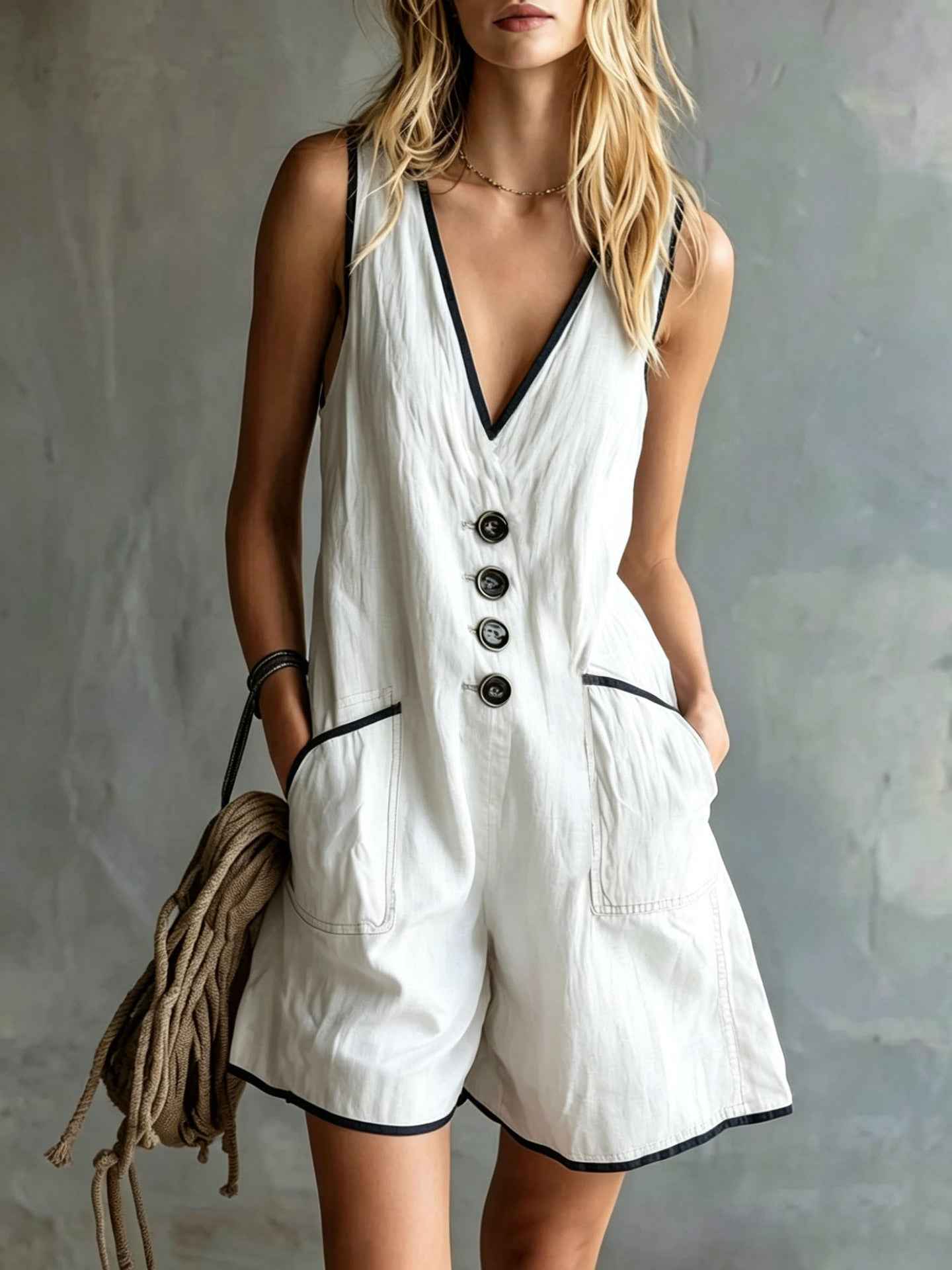 Casual Loose-fit Button-down Womens Jumpsuit