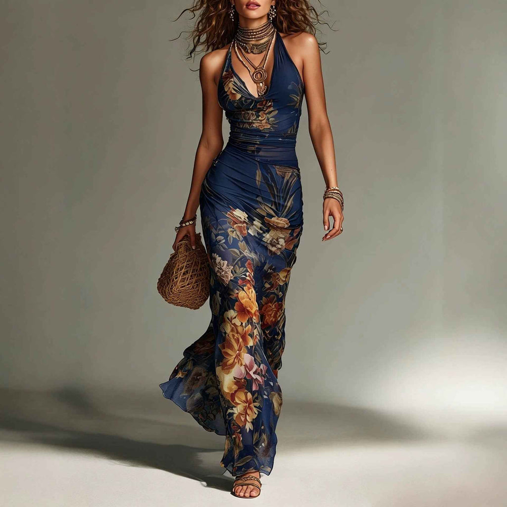 Women's Floral Halter Maxi Dress – Sexy Backless Lace-Up Summer Vacation Dress