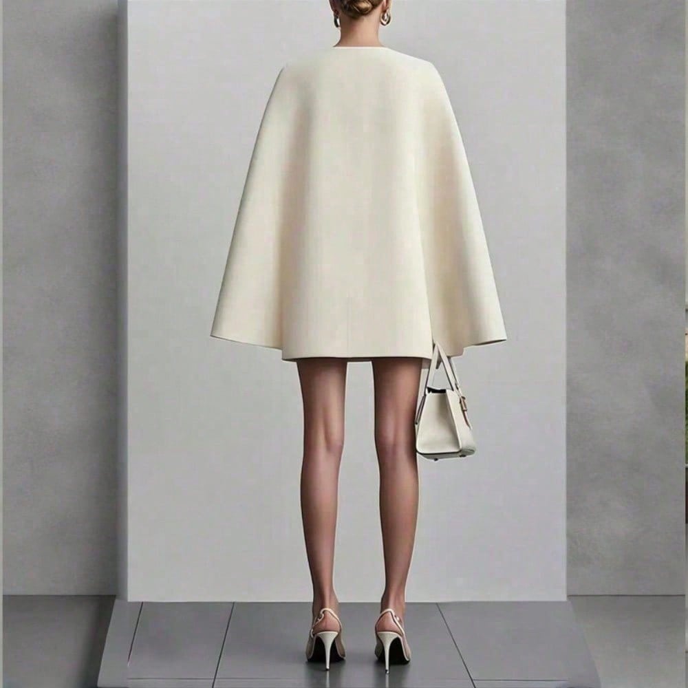 Elegant Cape Blazer Mini Dress For Women, Luxury Double-Breasted V-Neck Formal Dress With Structured Shoulders & Flowing Cape Sleeves.