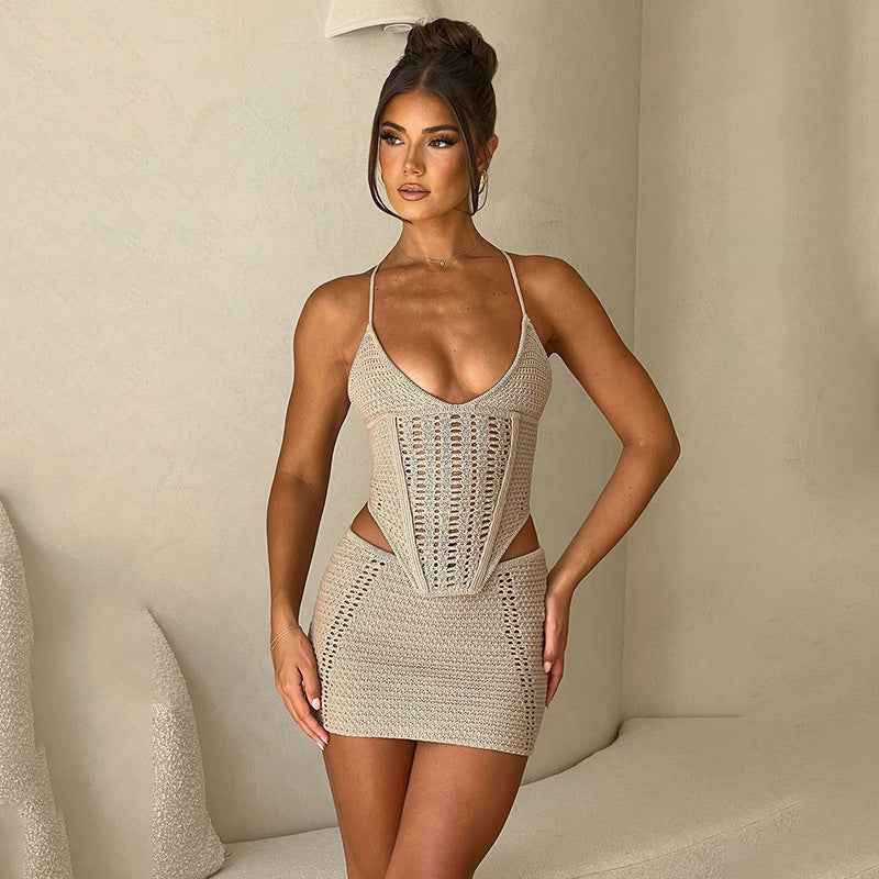 Beach Women's Solid Color Sexy Knitted Beach Bikini Swimming
