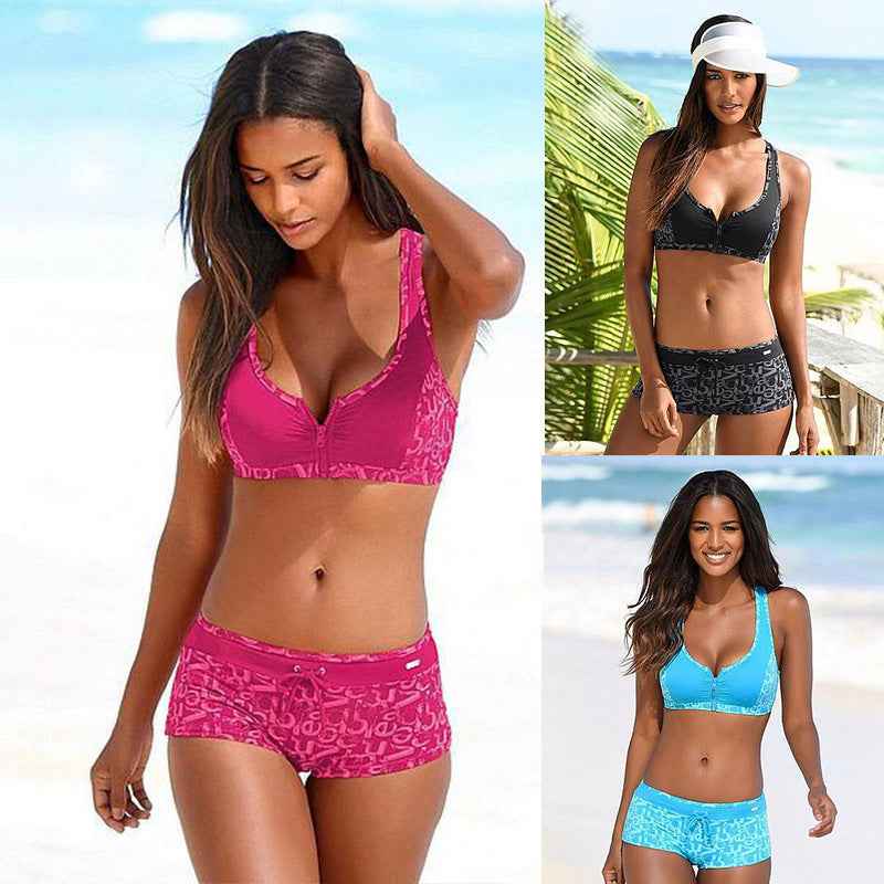 Women's European And American Printed Split Four Corners Zipper Bikini Swimsuit
