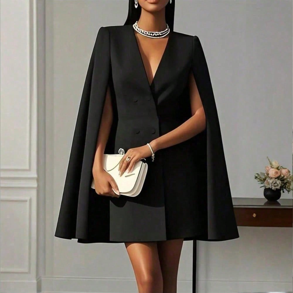 Elegant Cape Blazer Mini Dress For Women, Luxury Double-Breasted V-Neck Formal Dress With Structured Shoulders & Flowing Cape Sleeves.
