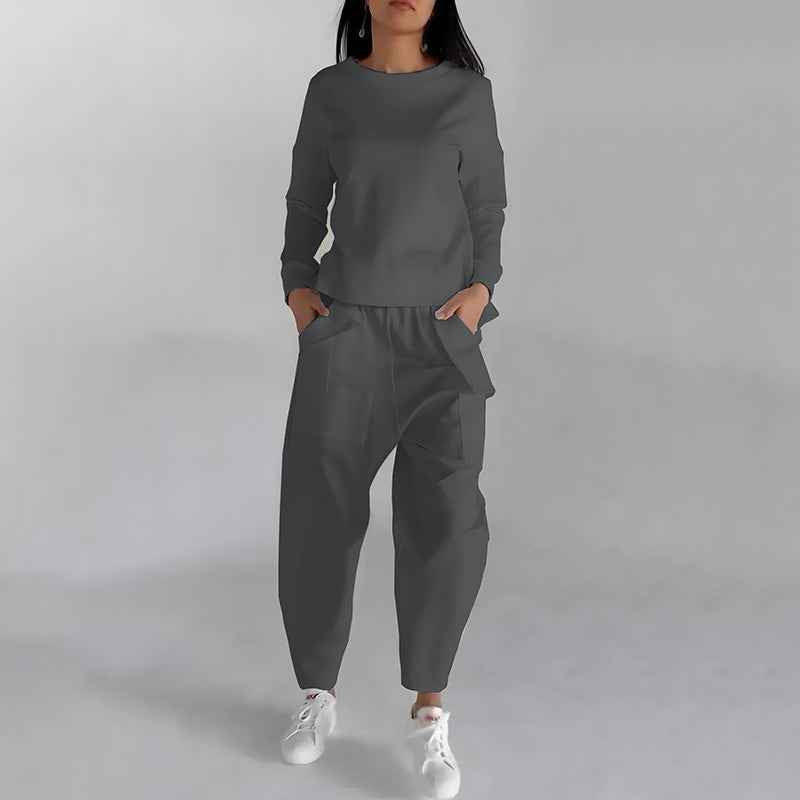 Fashion Women's Lounge Set – Solid Color Pullover Top and Wide Leg Trousers