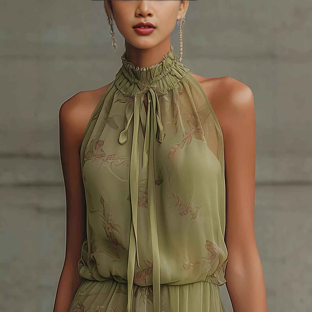 Women's V-Neck Tie-Dye Ruffle Dress - Elegant Sleeveless Dress
