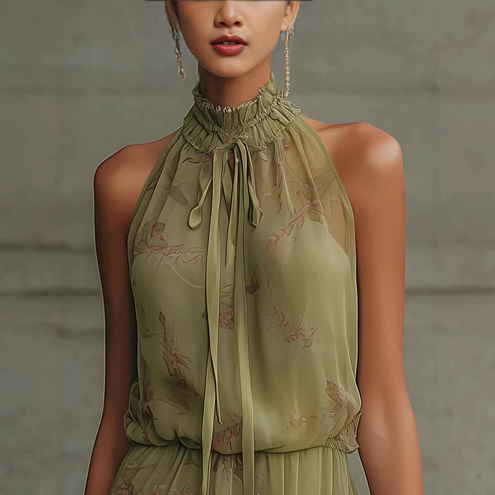 Women's V-Neck Tie-Dye Ruffle Dress - Elegant Sleeveless Dress