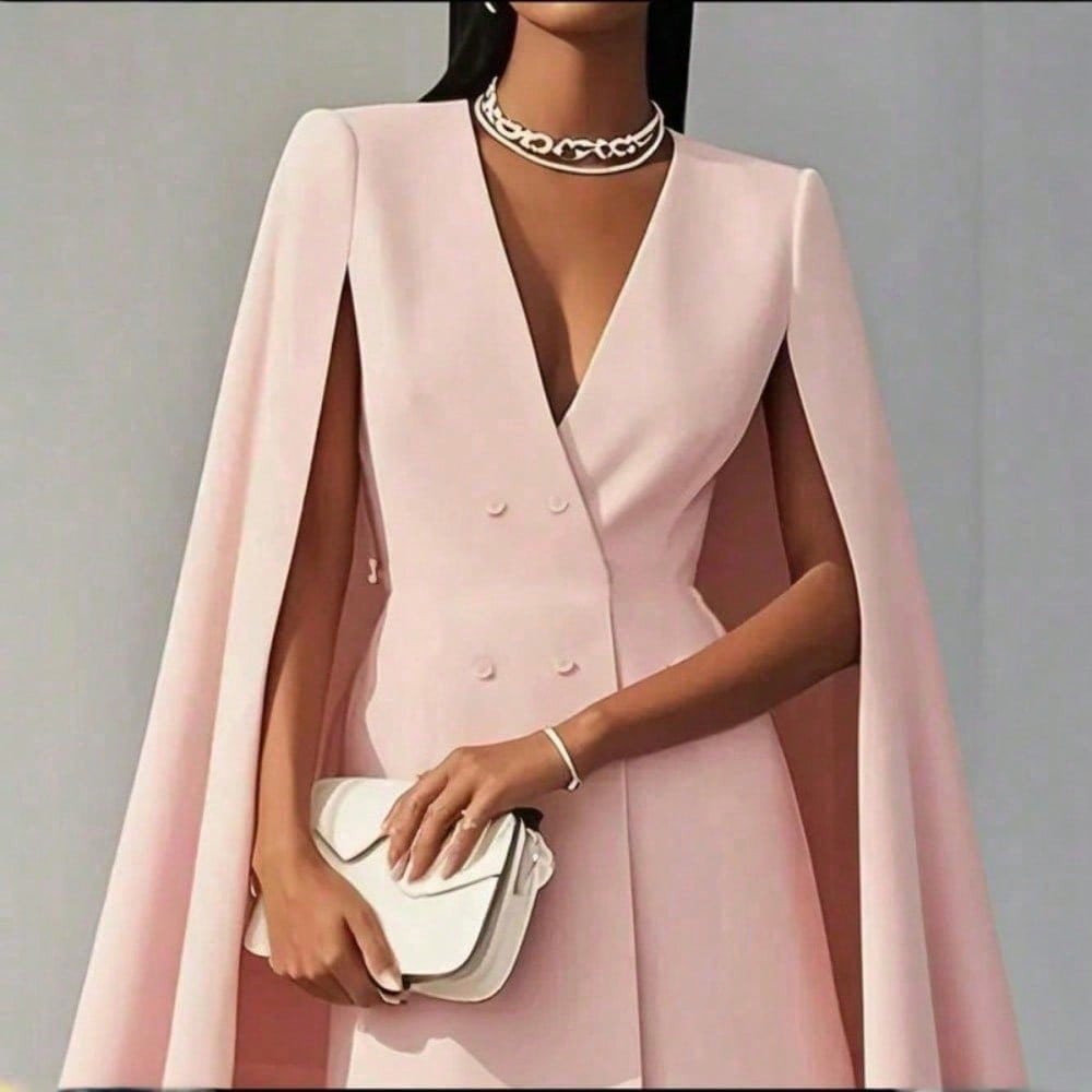 Elegant Cape Blazer Mini Dress For Women, Luxury Double-Breasted V-Neck Formal Dress With Structured Shoulders & Flowing Cape Sleeves.