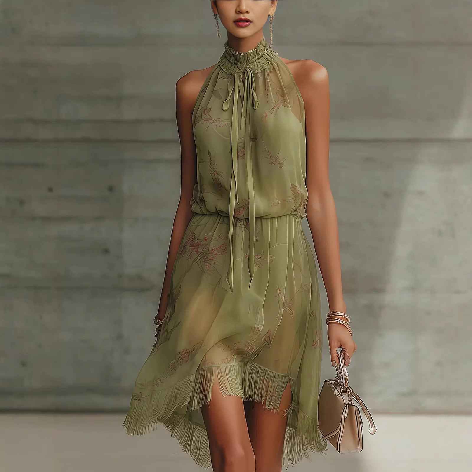Women's V-Neck Tie-Dye Ruffle Dress - Elegant Sleeveless Dress