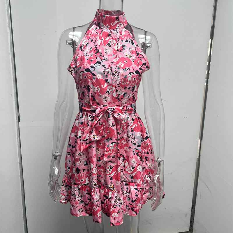 Women's Floral Halter Dress – Summer Lace-Up Ruffle Maxi Dress