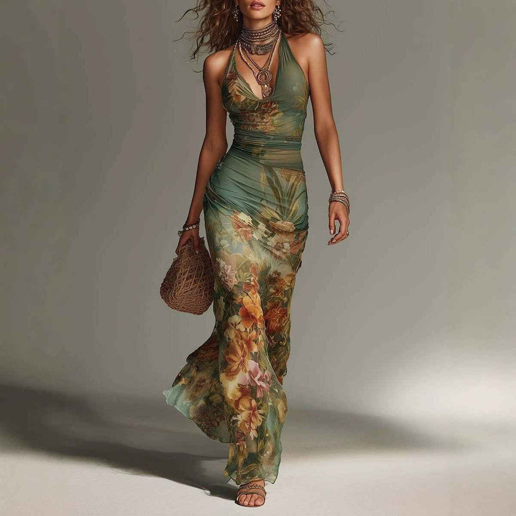 Women's Floral Halter Maxi Dress – Sexy Backless Lace-Up Summer Vacation Dress