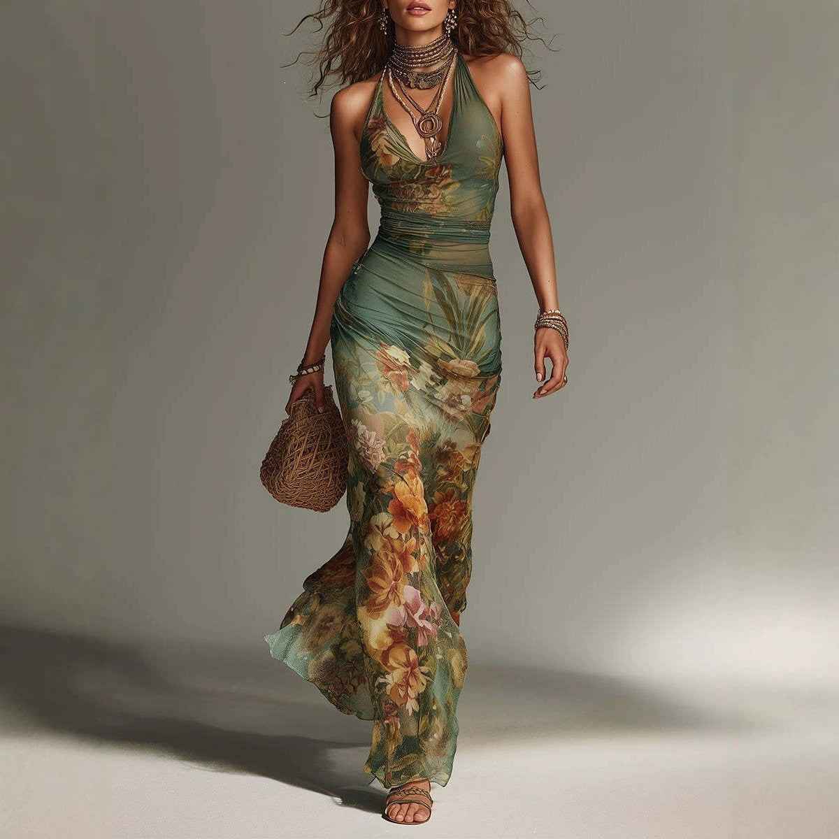 Women's Floral Halter Maxi Dress – Sexy Backless Lace-Up Summer Vacation Dress