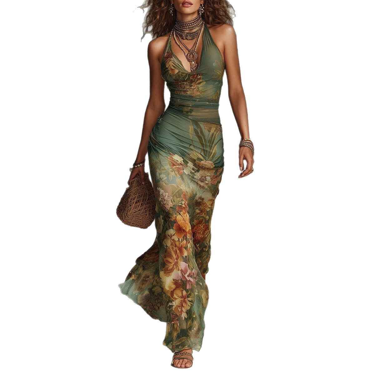 Women's Floral Halter Maxi Dress – Sexy Backless Lace-Up Summer Vacation Dress