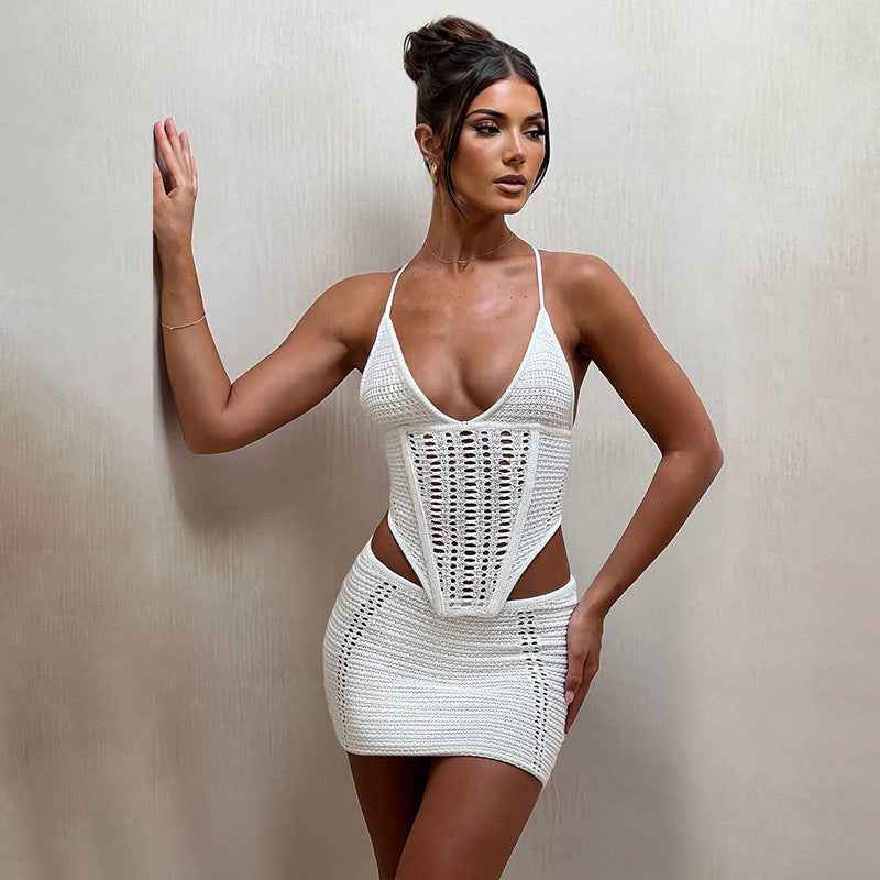 Beach Women's Solid Color Sexy Knitted Beach Bikini Swimming