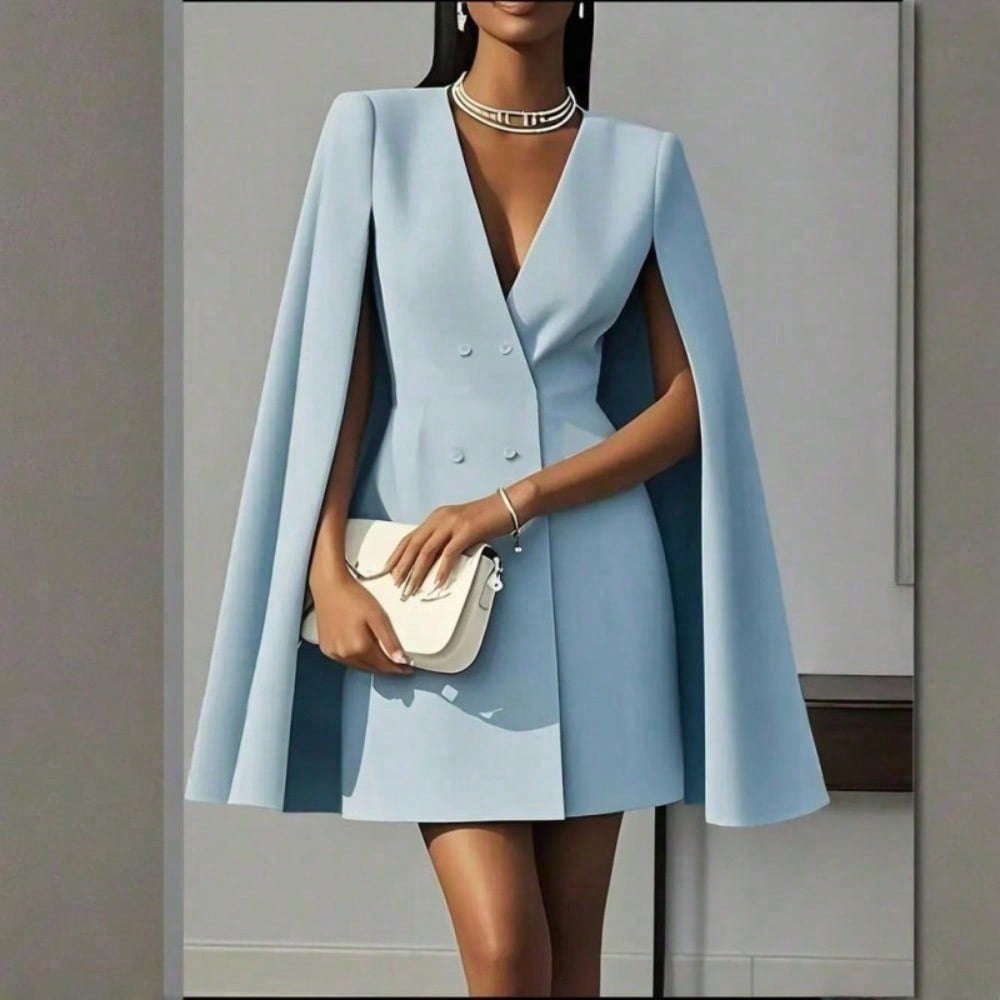 Elegant Cape Blazer Mini Dress For Women, Luxury Double-Breasted V-Neck Formal Dress With Structured Shoulders & Flowing Cape Sleeves.