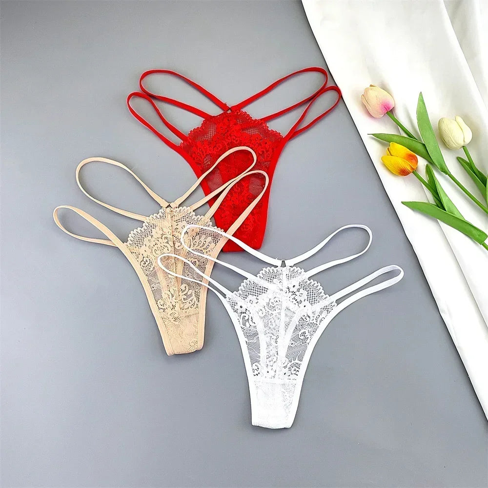 3-Pack Lace Peekaboo G-Strings – Strappy, Sheer, & Seductive T-Back Thongs