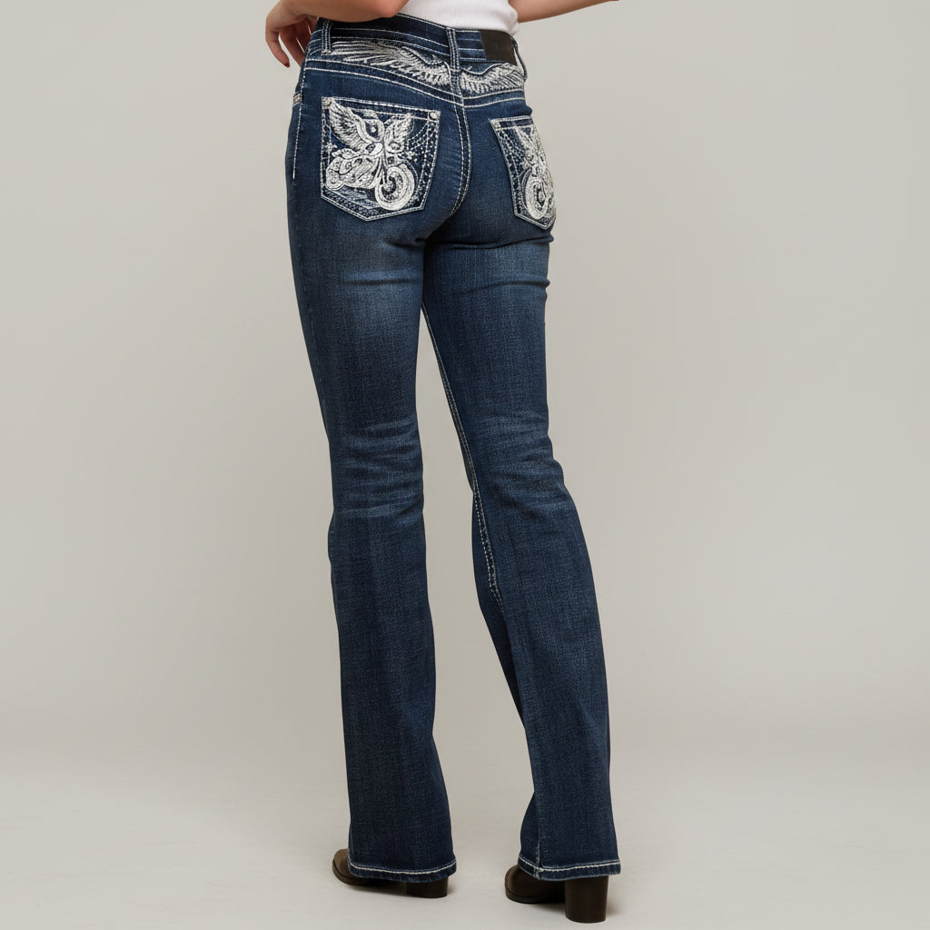 Skull Rider Women’s Bootcut Motorcycle Bling Jeans. High Waisted Embroidered Western Denim