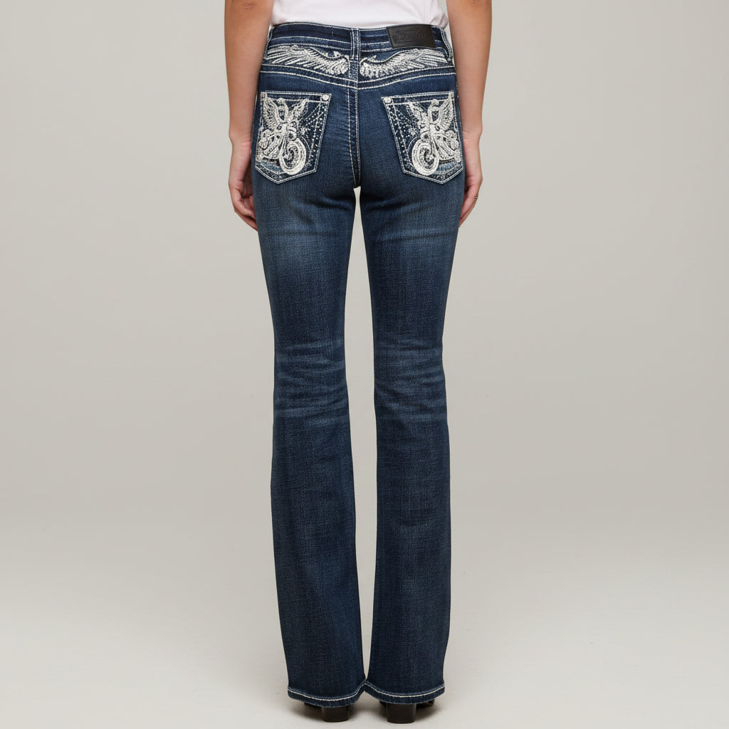 Skull Rider Women’s Bootcut Motorcycle Bling Jeans. High Waisted Embroidered Western Denim