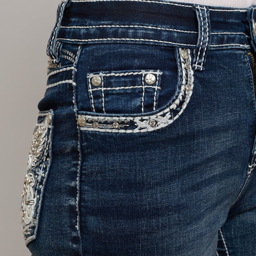 Skull Rider Women’s Bootcut Motorcycle Bling Jeans. High Waisted Embroidered Western Denim