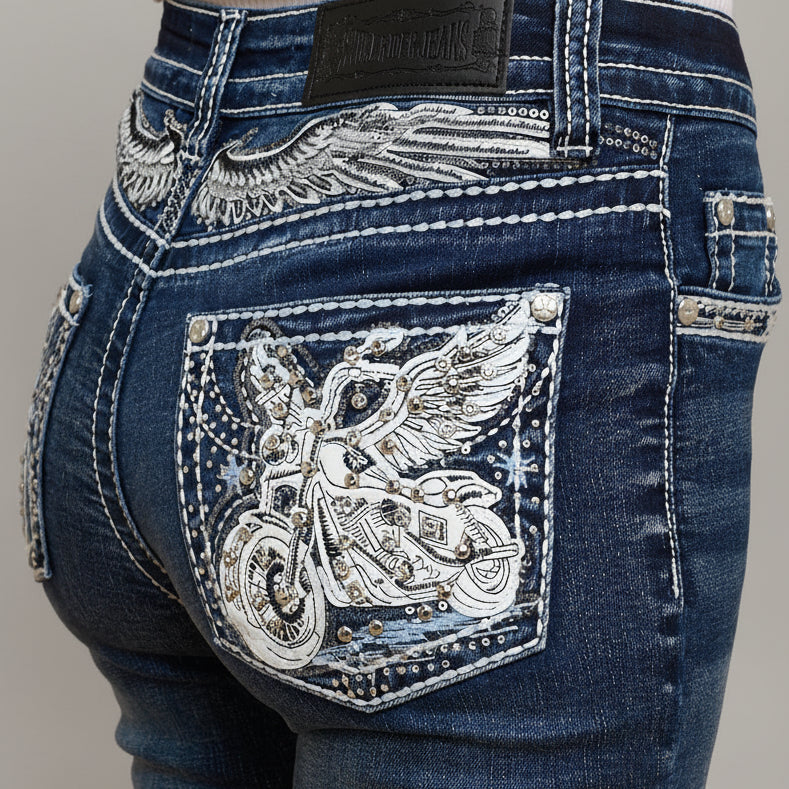 Skull Rider Women’s Bootcut Motorcycle Bling Jeans. High Waisted Embroidered Western Denim
