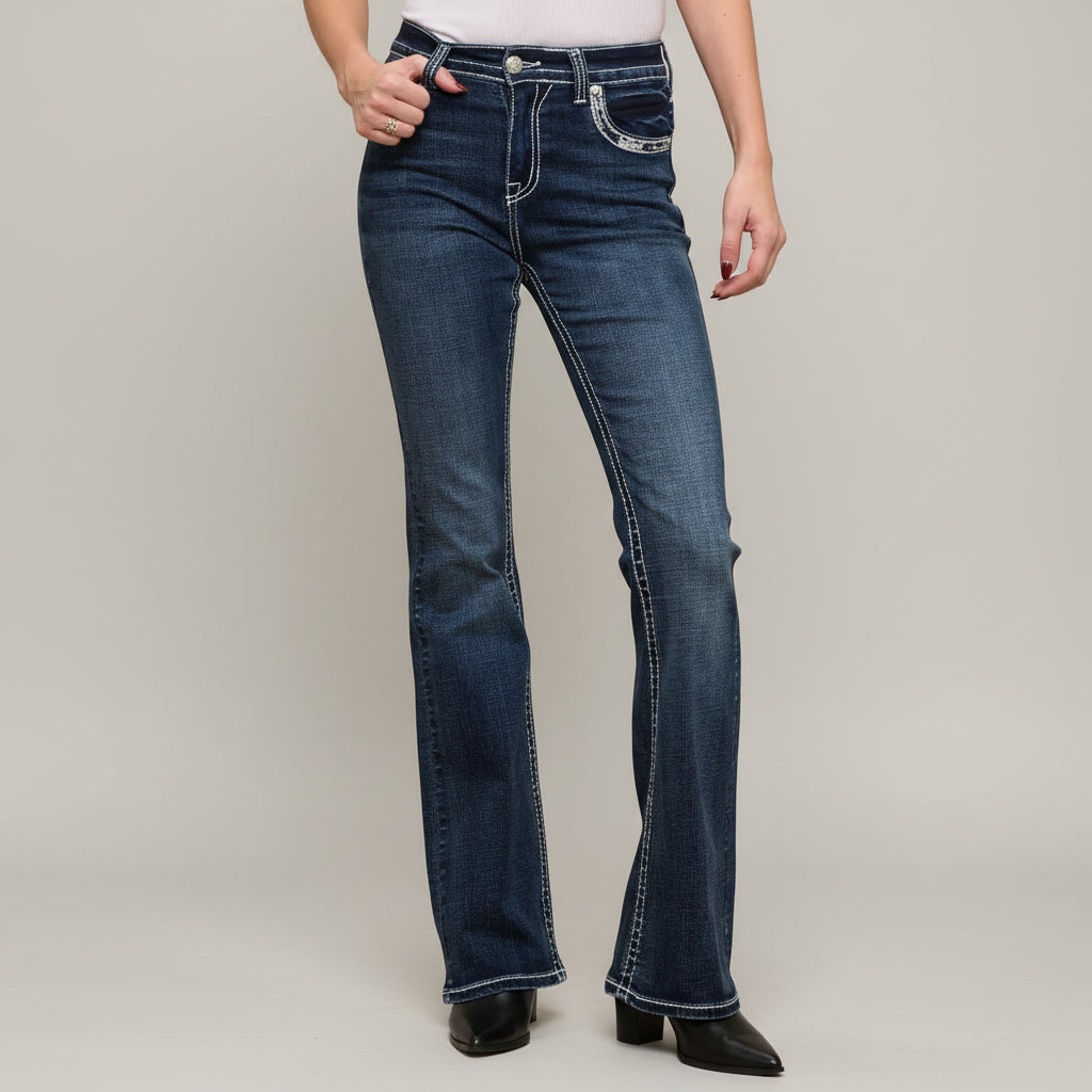 Skull Rider Women’s Bootcut Motorcycle Bling Jeans. High Waisted Embroidered Western Denim