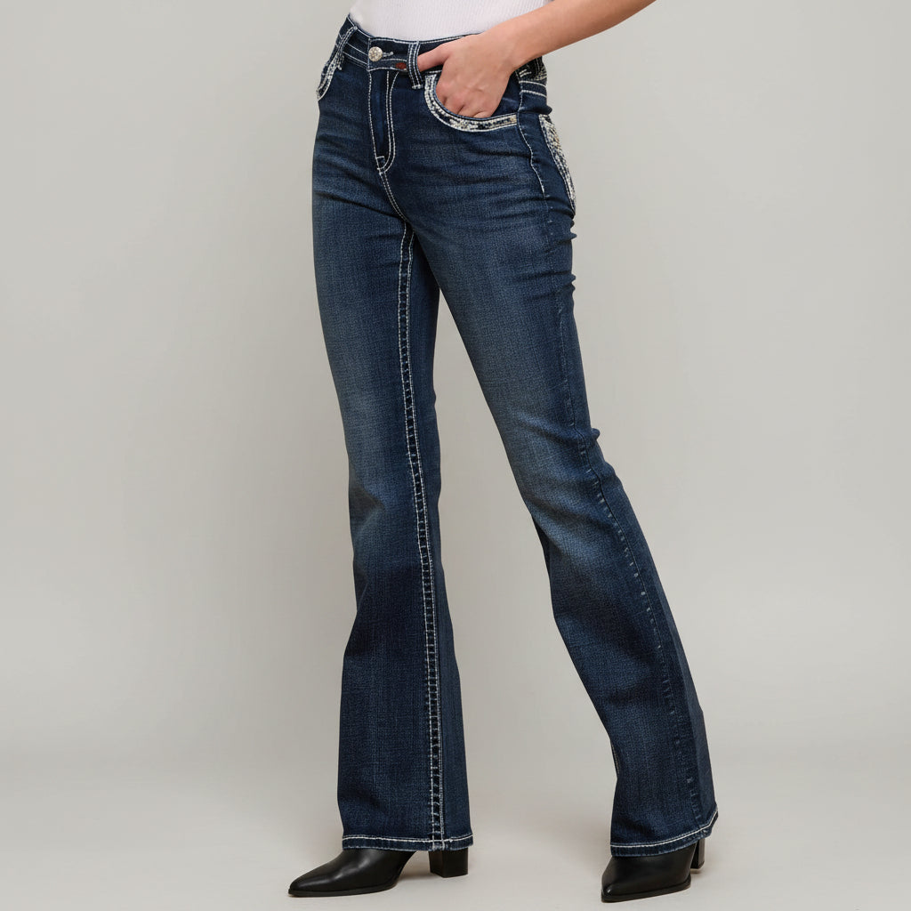 Skull Rider Women’s Bootcut Motorcycle Bling Jeans. High Waisted Embroidered Western Denim