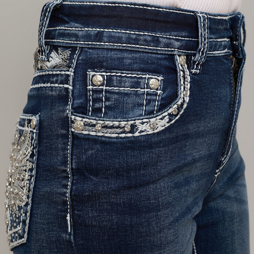 Skull Rider Women’s Music Note & Electric Guitar Bling Jeans. High Waisted Bootcut Western Denim