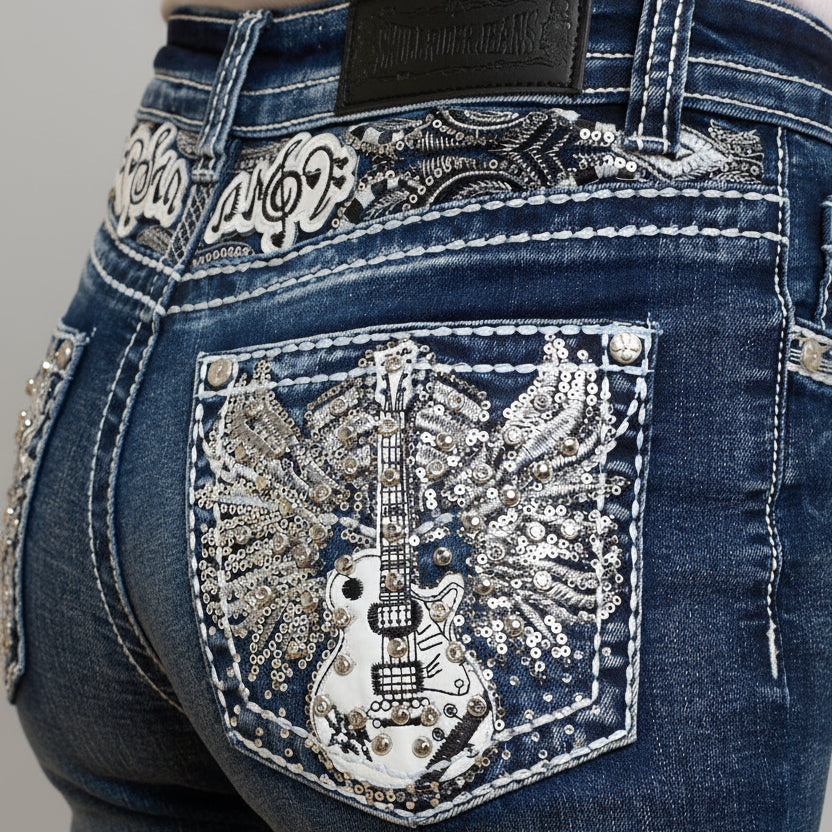 Skull Rider Women’s Music Note & Electric Guitar Bling Jeans. High Waisted Bootcut Western Denim