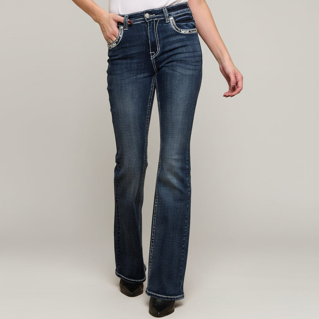 Skull Rider Women’s Music Note & Electric Guitar Bling Jeans. High Waisted Bootcut Western Denim