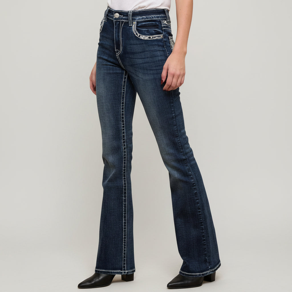 Skull Rider Women’s Music Note & Electric Guitar Bling Jeans. High Waisted Bootcut Western Denim