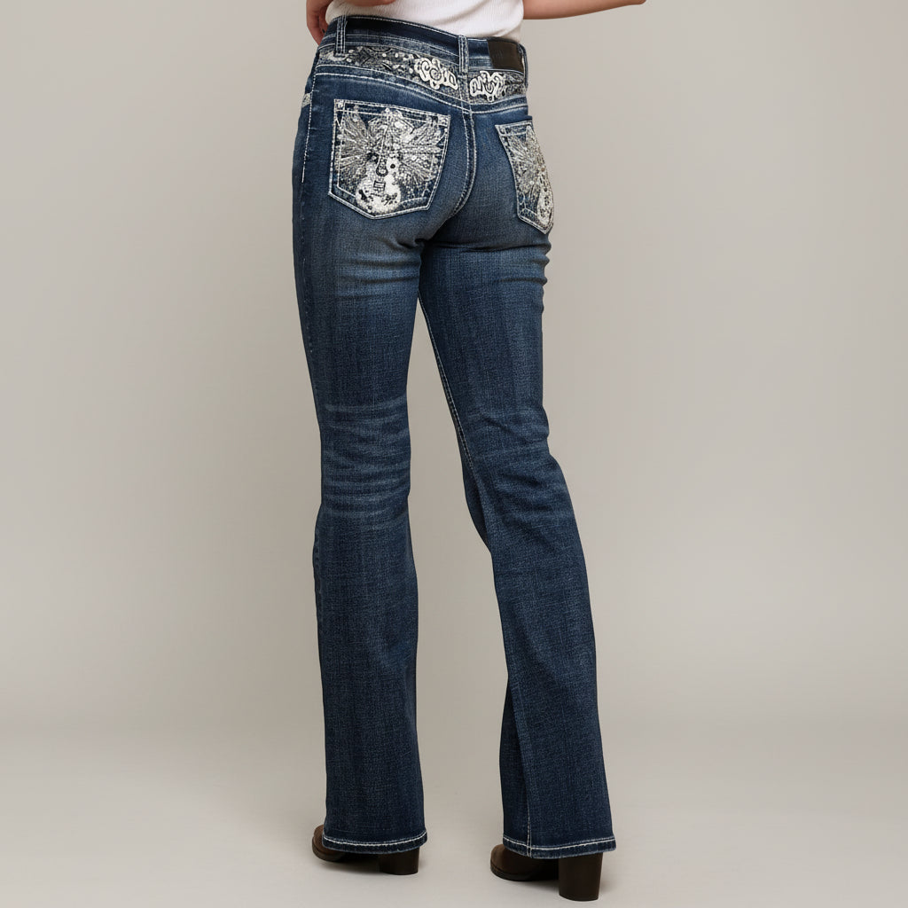 Skull Rider Women’s Music Note & Electric Guitar Bling Jeans. High Waisted Bootcut Western Denim