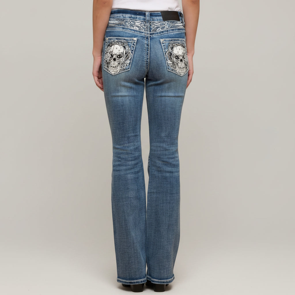 Skull Rider Women’s Skull & Rose Embroidered Bling Jeans. High Waisted Bootcut