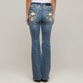 Skull Rider Women’s Skull & Rose Embroidered Bling Jeans. High Waisted Bootcut