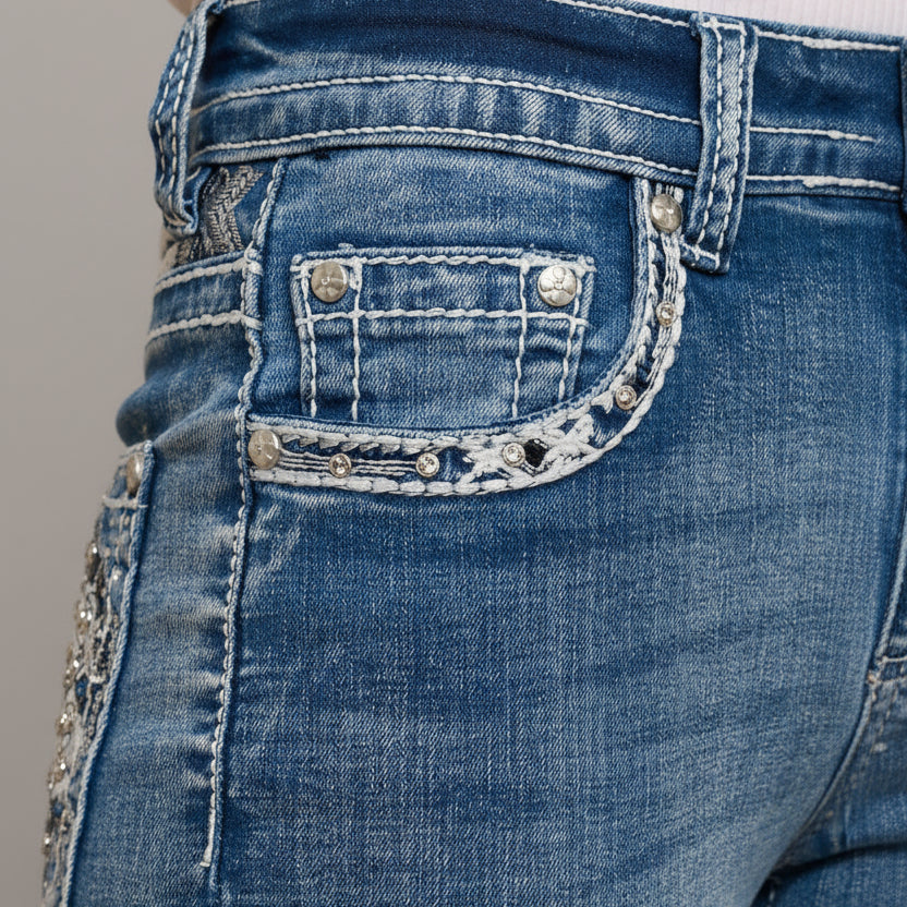 Skull Rider Women’s Skull & Rose Embroidered Bling Jeans. High Waisted Bootcut