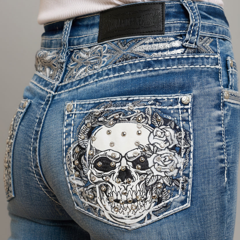 Skull Rider Women’s Skull & Rose Embroidered Bling Jeans. High Waisted Bootcut