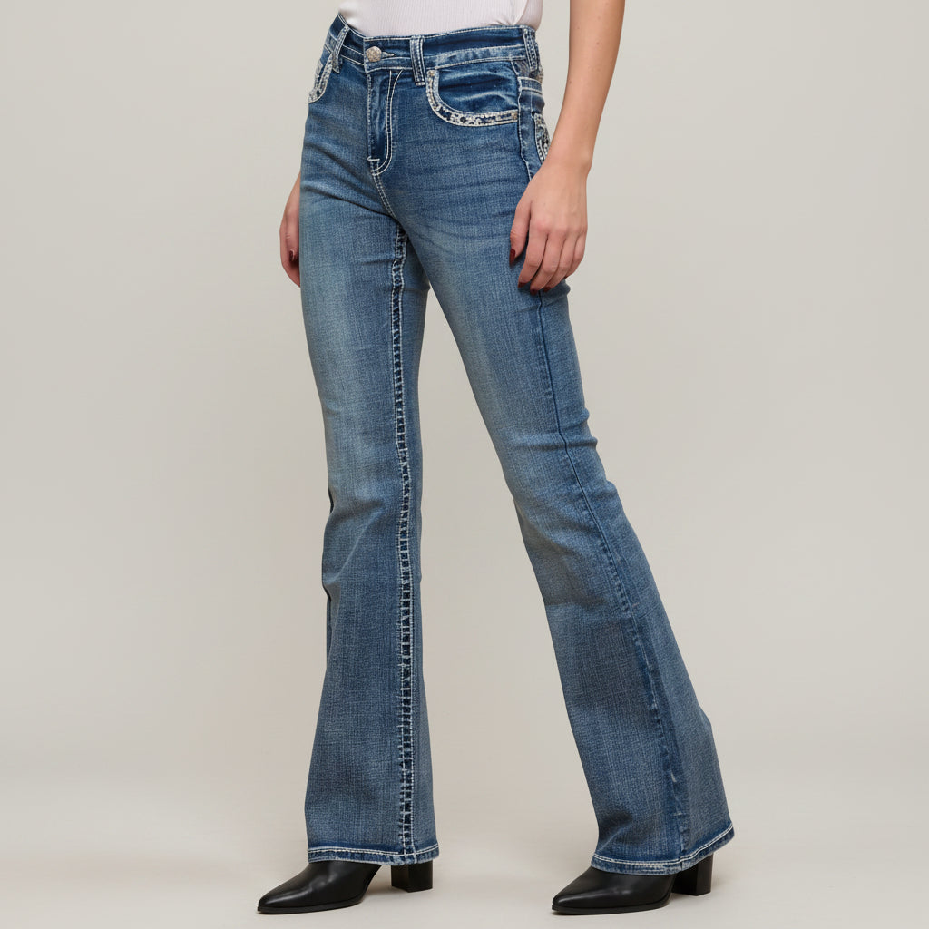 Skull Rider Women’s Skull & Rose Embroidered Bling Jeans. High Waisted Bootcut