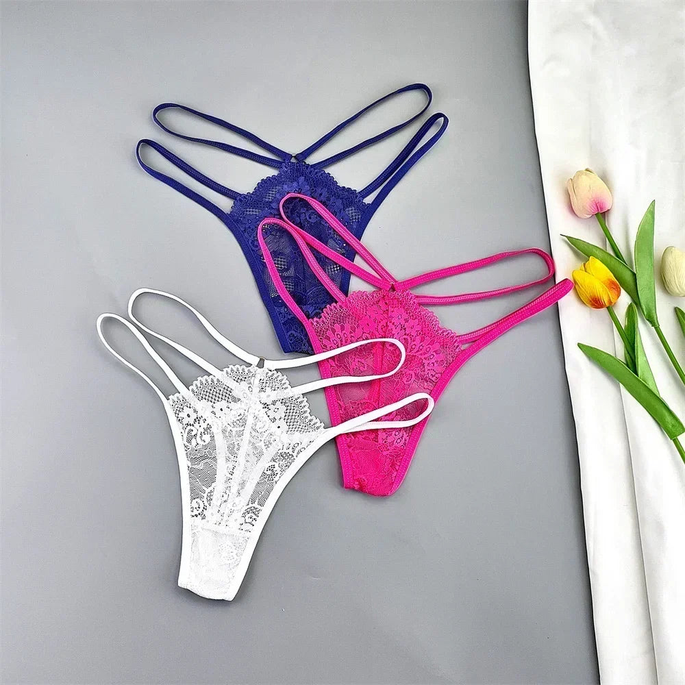3-Pack Lace Peekaboo G-Strings – Strappy, Sheer, & Seductive T-Back Thongs