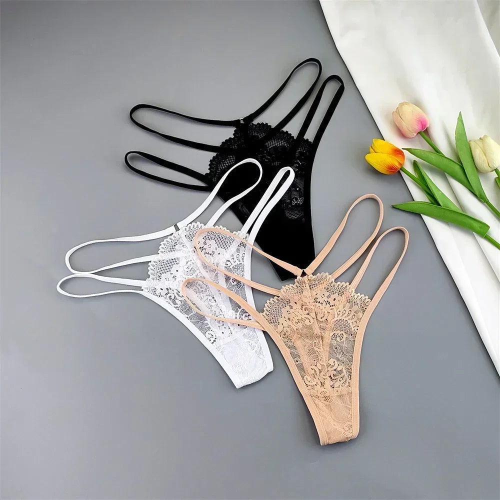 3-Pack Lace Peekaboo G-Strings – Strappy, Sheer, & Seductive T-Back Thongs