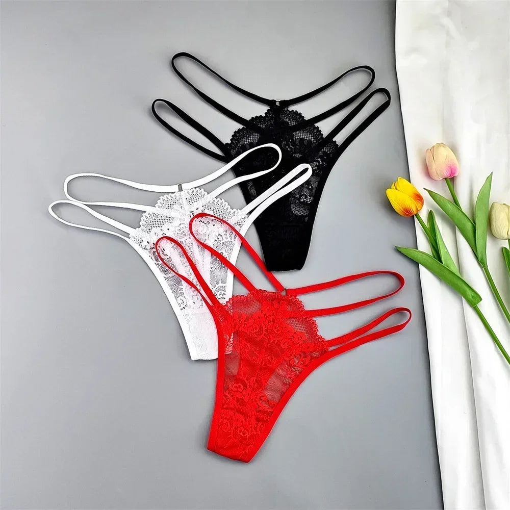 3-Pack Lace Peekaboo G-Strings – Strappy, Sheer, & Seductive T-Back Thongs