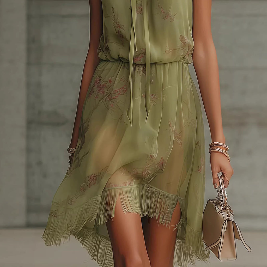 Women's V-Neck Tie-Dye Ruffle Dress - Elegant Sleeveless Dress
