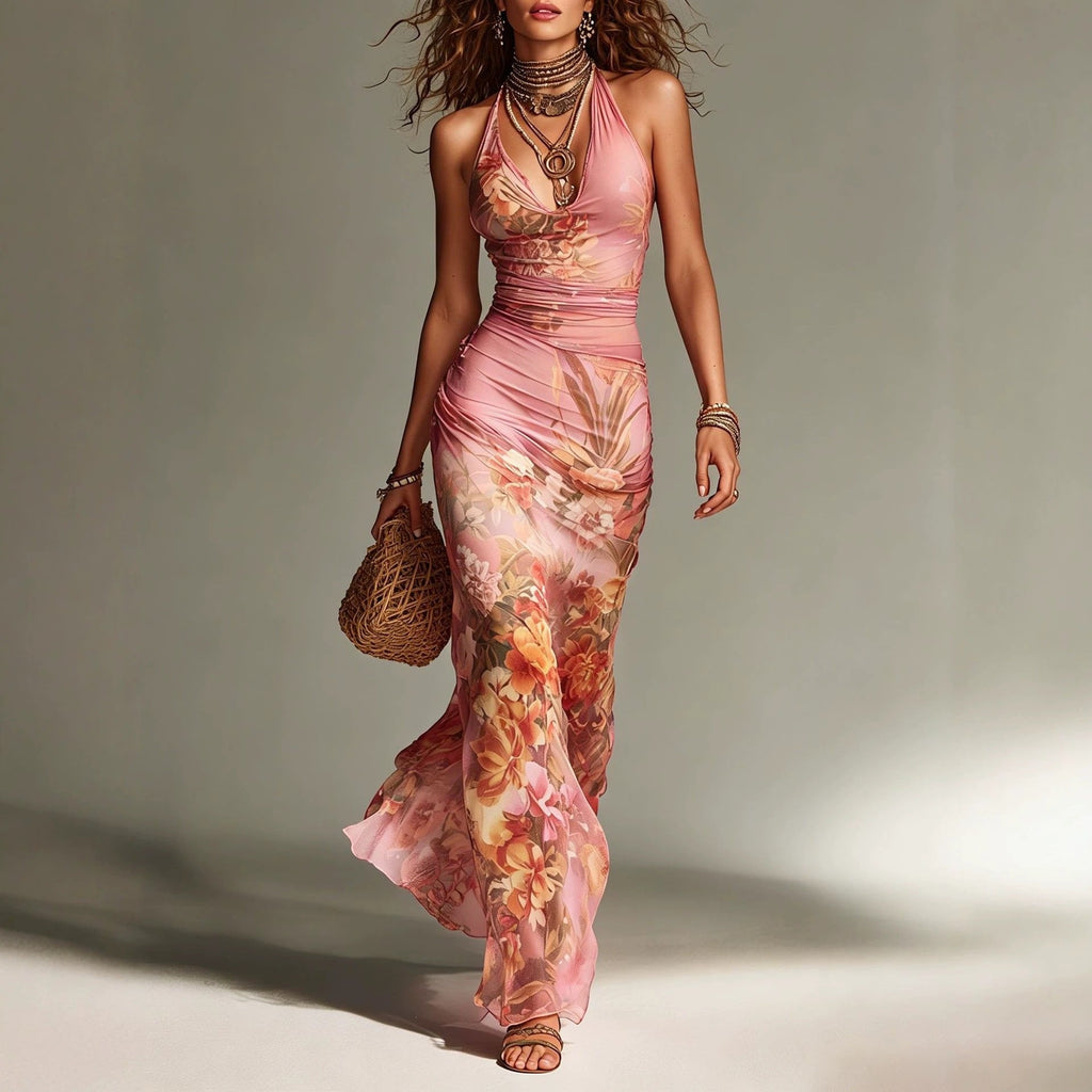 Women's Floral Halter Maxi Dress – Sexy Backless Lace-Up Summer Vacation Dress