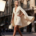 Elegant Cape Blazer Mini Dress For Women, Luxury Double-Breasted V-Neck Formal Dress With Structured Shoulders & Flowing Cape Sleeves.