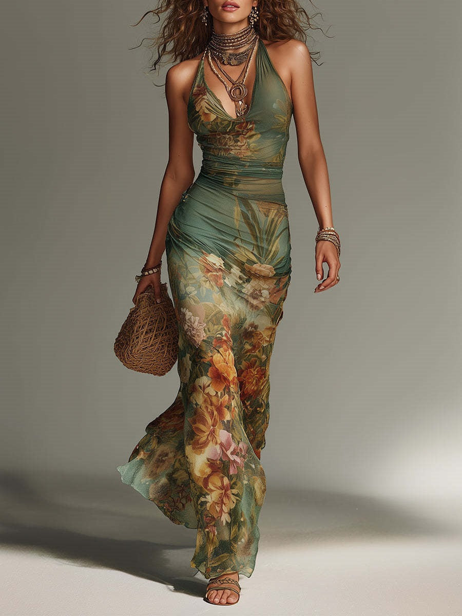 Women's Floral Halter Maxi Dress – Sexy Backless Lace-Up Summer Vacation Dress