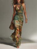 Women's Floral Halter Maxi Dress – Sexy Backless Lace-Up Summer Vacation Dress