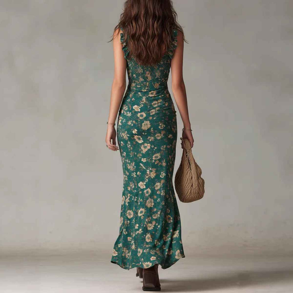 Women's Sleeveless Retro Slip Dress with Ruffle Trim and High Side Slit