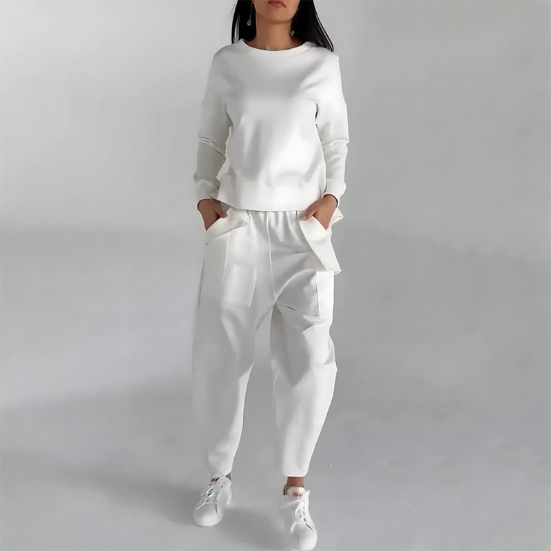 Fashion Women's Lounge Set – Solid Color Pullover Top and Wide Leg Trousers