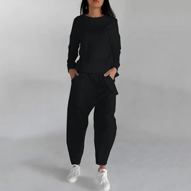 Fashion Women's Lounge Set – Solid Color Pullover Top and Wide Leg Trousers