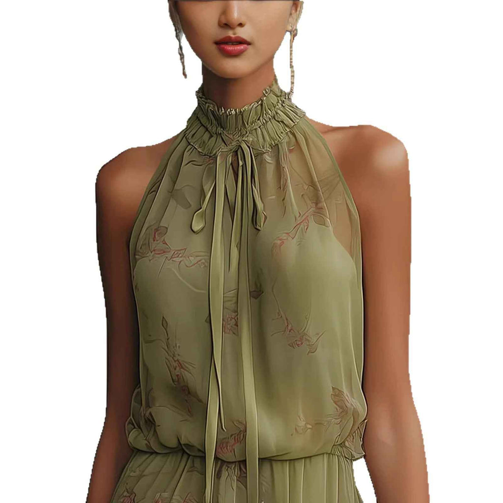 Women's V-Neck Tie-Dye Ruffle Dress - Elegant Sleeveless Dress