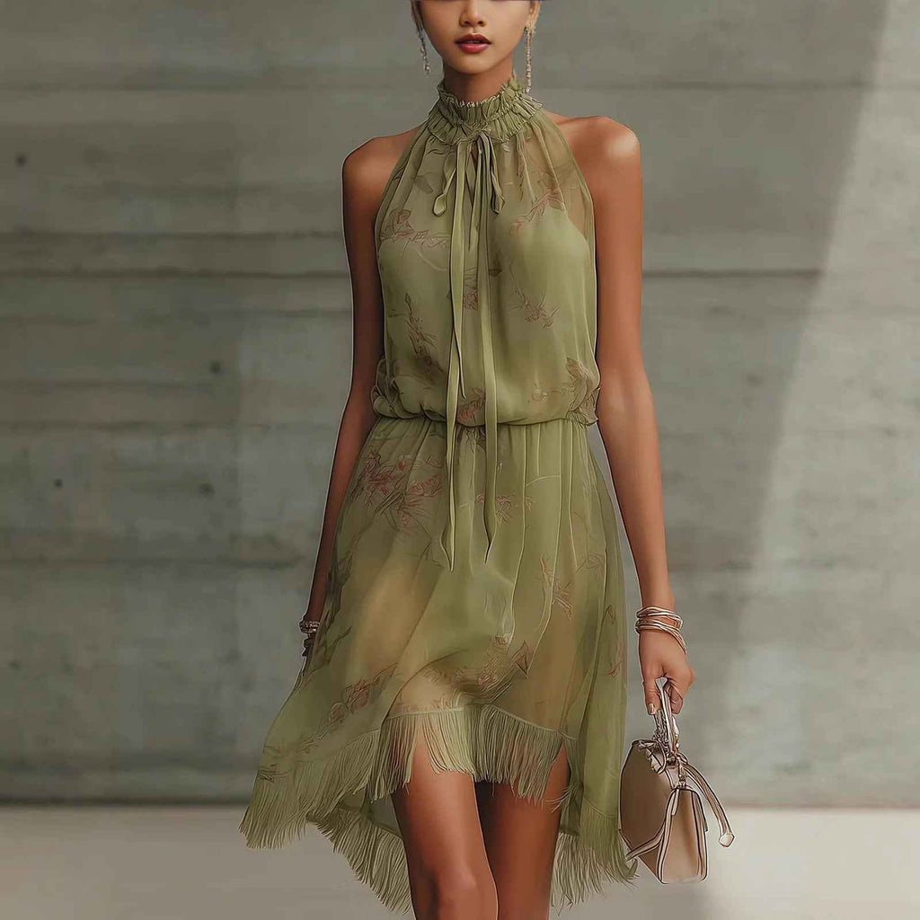 Women's V-Neck Tie-Dye Ruffle Dress - Elegant Sleeveless Dress