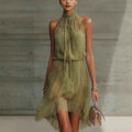 Women's V-Neck Tie-Dye Ruffle Dress - Elegant Sleeveless Dress